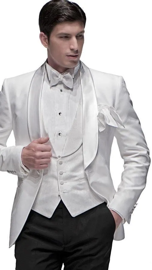 Nowa Moda White Groom Tuxedos Szal Kapel Groomsmen Mens Suknia Ślubna Doskonała Kurtka Mężczyzna Blazer 3 Piece Suit (Kurtka + Spodnie + Kamizelka + Krawat) 642