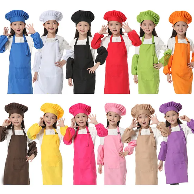 Adorables Enfants Cuisine Tailles 12 Couleurs Tabliers Enfants avec ManchesChef Chapeaux pour Peinture Cuisson Cuisson 30pcs