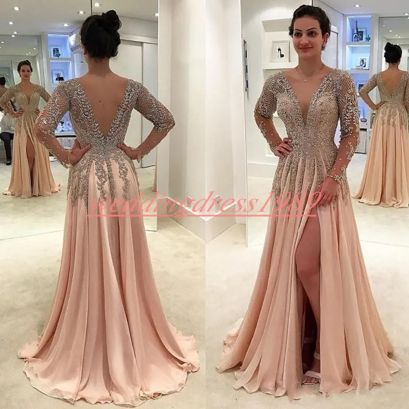 Trendy Long Sleeve Slit Evening Dresses Arabic Beads Chiffon V-Neck Party Prom Vestidos De Festa Pageant Mother Of the Bride Formal Gowns