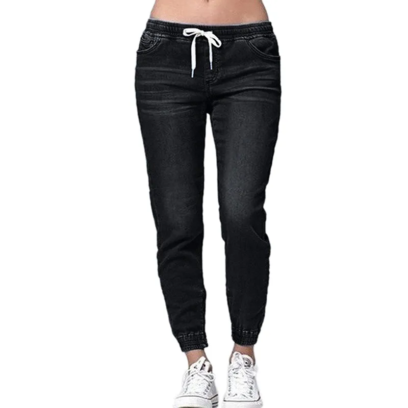 Jeans skinny taglie forti Donna Pantaloni jeans a matita in denim elasticizzato a lunghezza intera da donna con coulisse a vita alta Nuovo