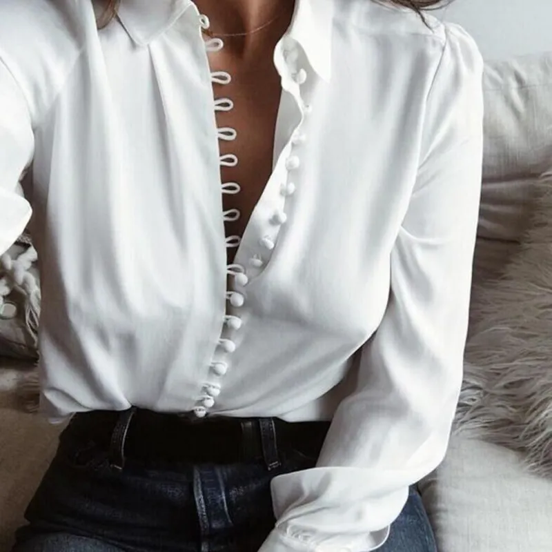 Mode Casual Effen Kleur Dames Kantoor Tops Sexy Knoppen Lange Mouw Blouse 2019 Nieuwe Lente Dames Chiffon White Shirt