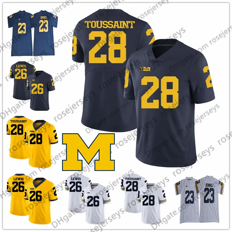 NCAA Michigan Wolverines # 21 Tim Biakabutuka 23 Tyree Kinnel 26 Jourdan Lewis 28 Fitzgerald Toussaint 52 Mason Cole White Blue Yellow Jersey