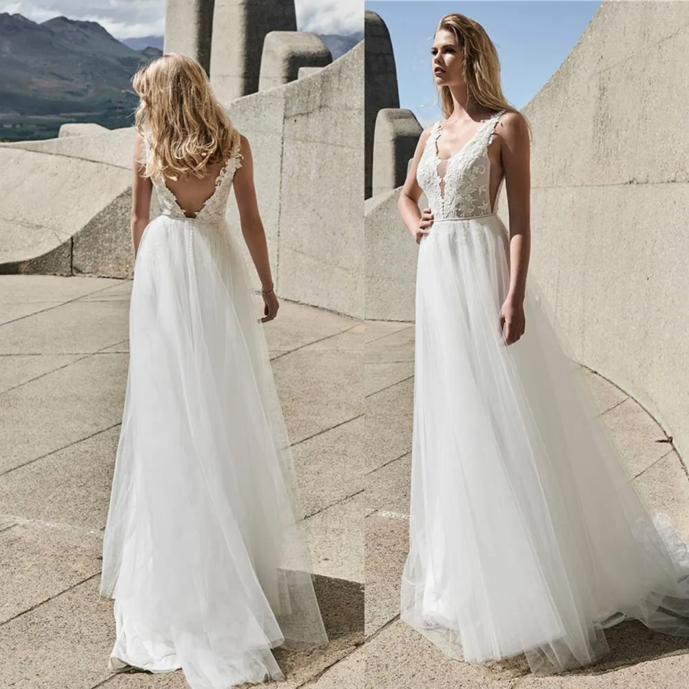 Beach Elbeth Gillis A Line Wedding Dresses V Neck Lace Appliques Bridal Gowns Backless Sweep Train Wedding Dress Robe De Soiree vestidos