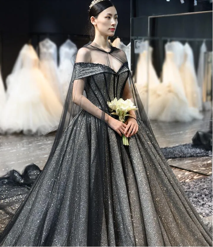 Modern Black A-Line Gothic Wedding Dresses Off the Shoulder Sparkly Tulle Women Non White Bridal Gowns With Cape Luxury Train Custom Made