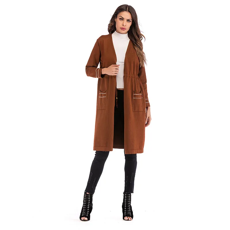 QNPQYX New Autumn Trench Long Solid Knitted Jacket Casual Lace up Long Sleeve Pockets Outerwear Cape Knitwear Coat Outwear Cloak