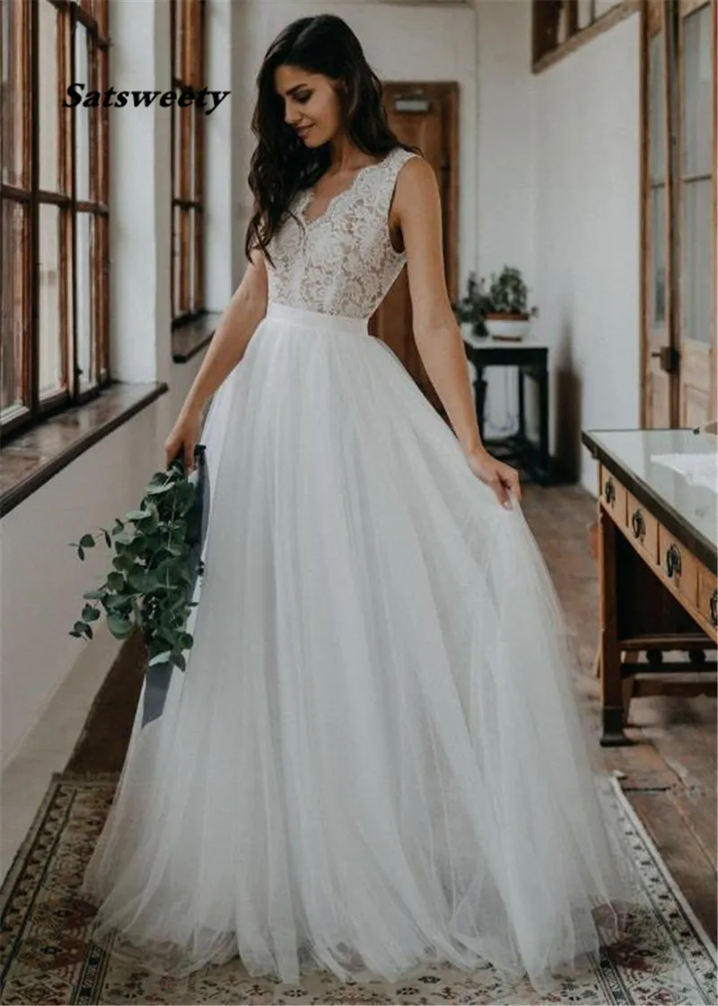 Vestidos de novia de encaje con tul, vestidos de novia sencillos de corte en A, vestido de novia bohemio, sin mangas, sin espalda, vestido de novia