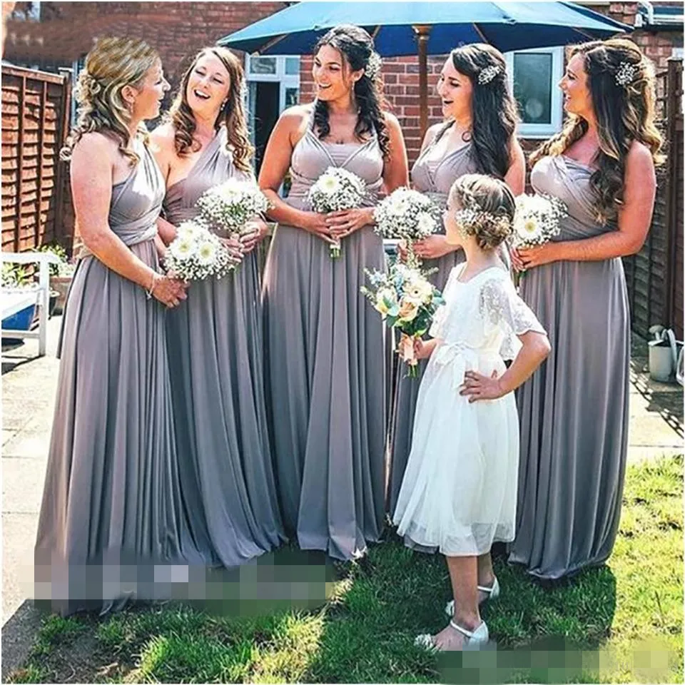 Gray Convertible Bridesmaid Dresses Ruched Straps One Shoulder Ruched Pleats Custom Made Plus Size Maid of Honor Gown Country Wedding Wear