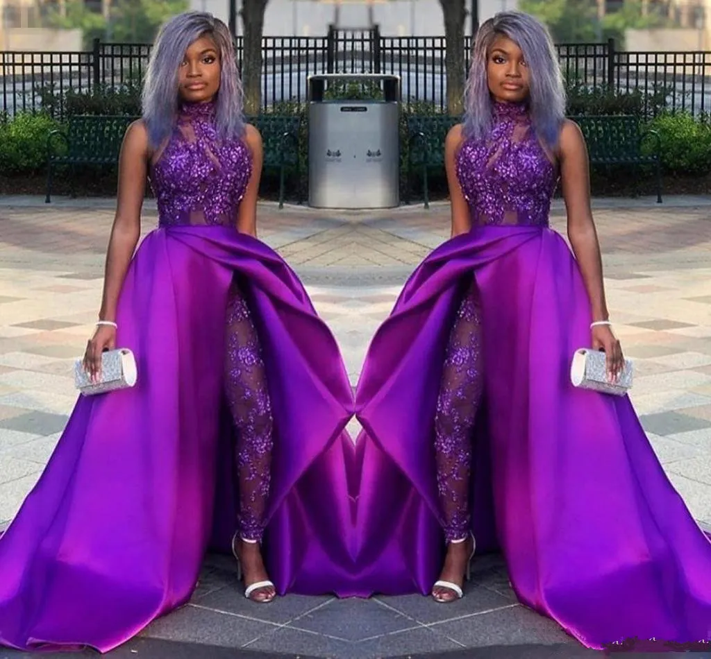 2020 Classic Purple Jumpsuits Prom Dresses With Detachable Train High Neck Lace Appliqued Bead Evening Gowns African Party Women Pant Suits