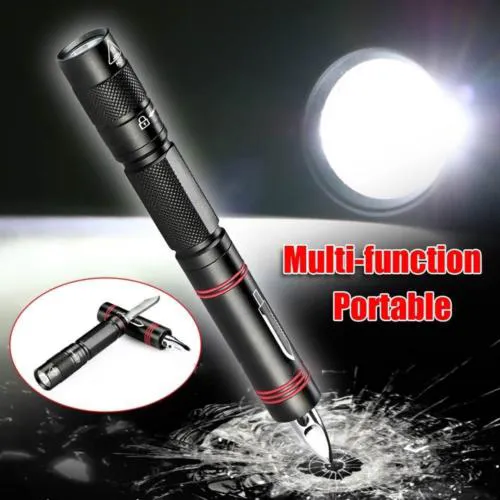 3 W 1 Outdoor Self Defense Tactical Pen Flashlight Bezpieczeństwo Ochrona szkła Wybitki Nóż LED Pióro Pióro Lekkie Kemping Piesze Wycieczki Multi Tool