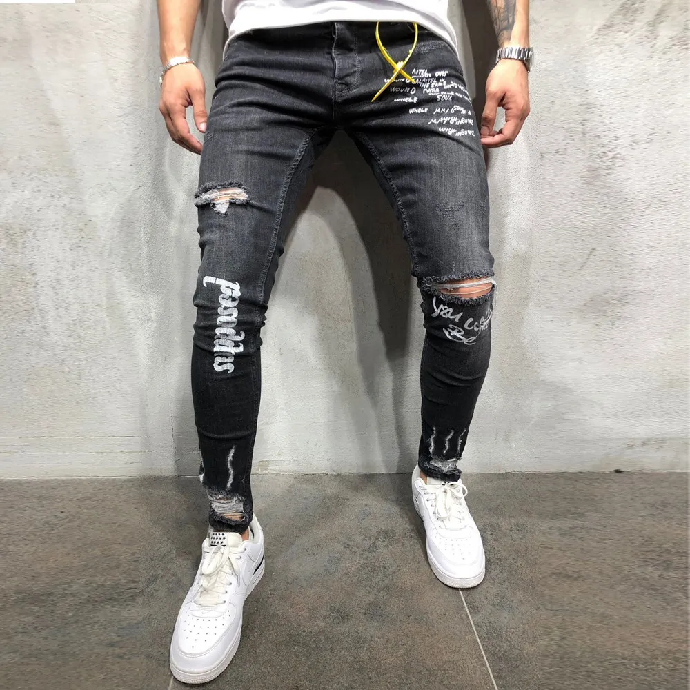 Ropa de hombre 2019, nuevo pantalón negro elástico con agujeros para los pies con letras estampadas, pantalones vaqueros ceñidos a la moda, vaqueros para hombre regular #5N16 # F