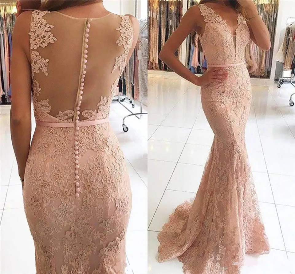 Pink Lace Mermaid Long Evening Dress Vestido De Festa Sexy Sheer Back Prom Party Dresses Robe De Soiree