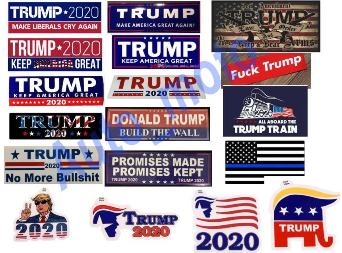 HOT 18 types Nouveaux styles Donald Trump 2020 Autocollants de voiture 7,6 * 22,9 cm Autocollant de pare-chocs Keep Make America Great Decal pour le style de voiture Paster de véhicule