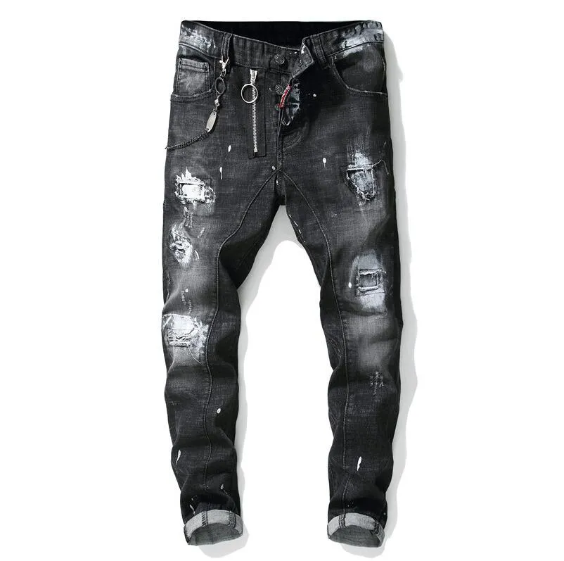 Уникальные мужчины нарисованные джинсы Rips растяжение черного дизайнера моды Slim Fit, промытые джинсовые брюки с мотоциклом панель хип -хопстраузеров 1012