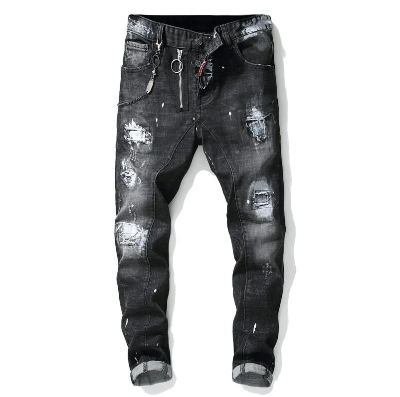 Unique Men Painted Rips Jeans Stretch Black Diseñador de moda Slim Fit Washed Motocycle Denim Pantalones Paneles Hip HopPantalones 1012