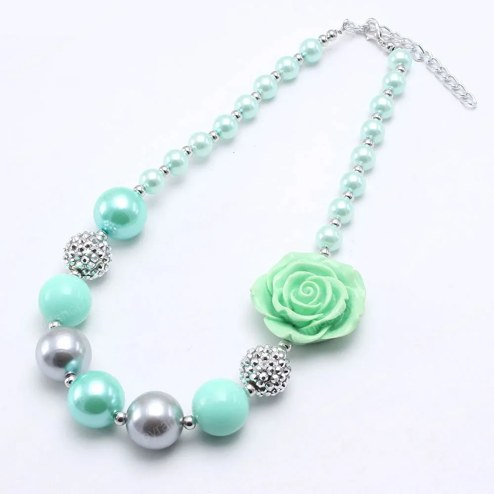 Mode Lente Kleur Meisjes Kralen Ketting Met Rose Flower Child Kids Chunky Bubblegum Necklace Handade Sieraden voor Gift