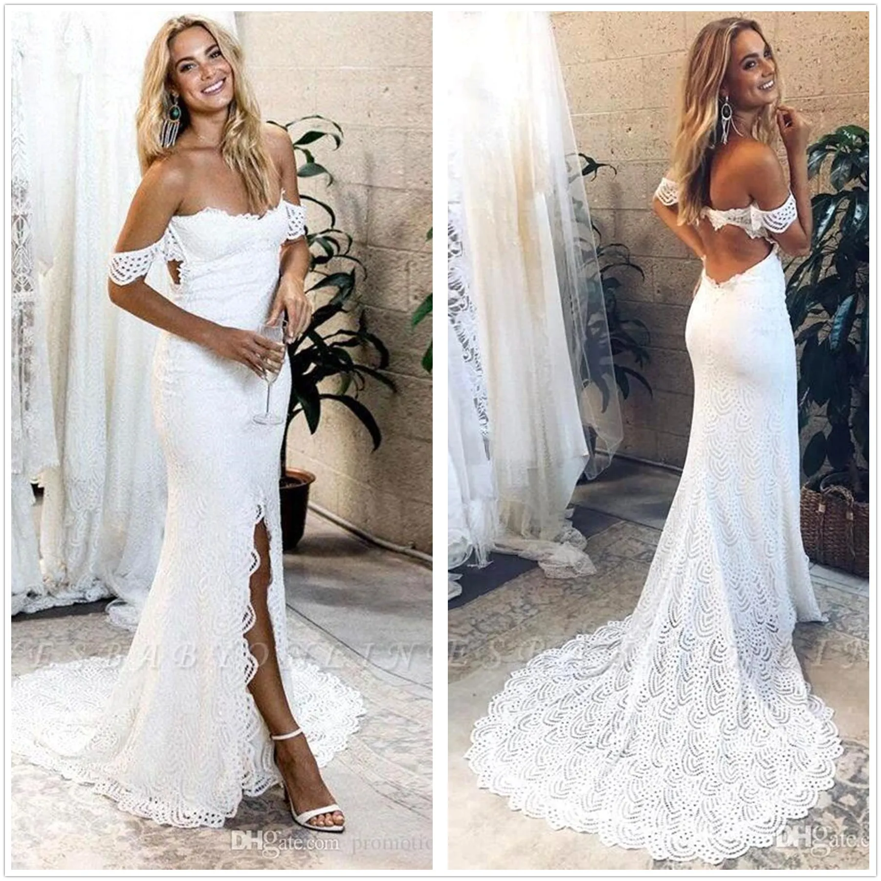 2020 Elegant Lace Mermaid Beach Wedding Dresses Off The Shoulder Split Backless Plus Size Bridal Gowns robes de mariée BC3188