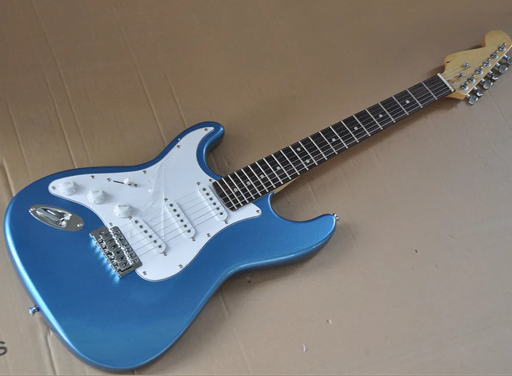 ローズウッドのフレットボード、ホワイトピックガードを持つ左利きの金属製の青いエレクトリックギター、リクエストとしてカスタマイズできます