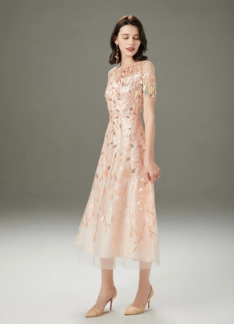 Womens Runway Dresses O Neck Short Sleeves Embroidery Beaded
