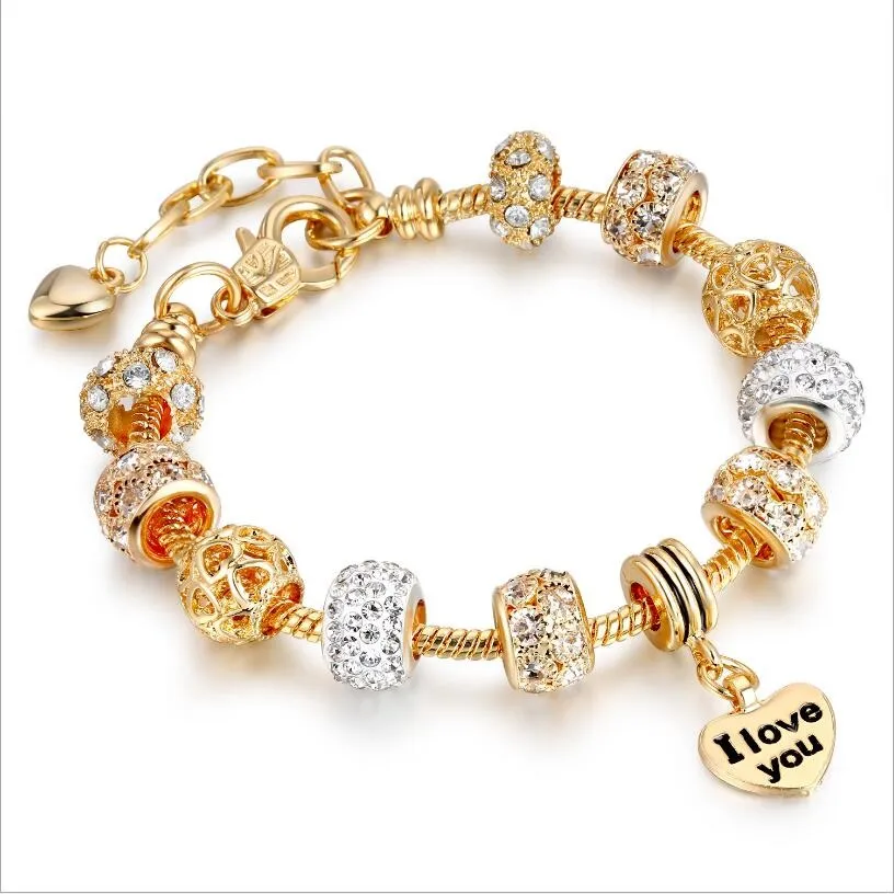 20 Styles Big Hole Charm Beaded Bracelets for Girlfriend Birthday European Letter I Love Golden Beads Hand Wrist Jewelry Women Valentine's Day Gift