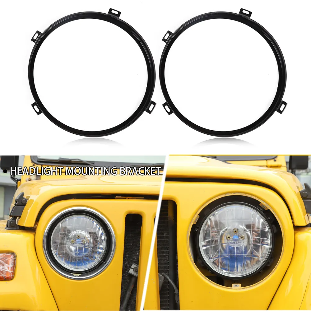 Runda strålkastare Bezel Headlamp Mount Bracket Ringar för Jeep Wrangler TJ 97-06 Iron 2pc Exteriör Tillbehör