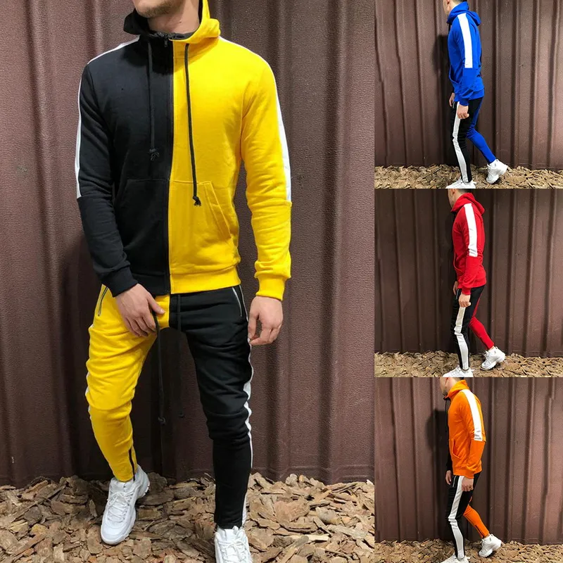 2st High Street Patchwork Tracksuit Men Hooded+Jogging Surtetement Homme Randig Vetement Set Drawstring Casual Herrkläder