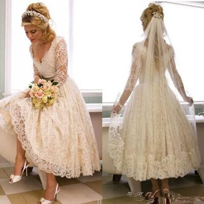 2020 vintage koronkowe sukienki krótkie V Nakień 3/4 długie rękawy plus herbatę o długości herbaty niestandardowe ślubne suknia ślubna vestido de novia