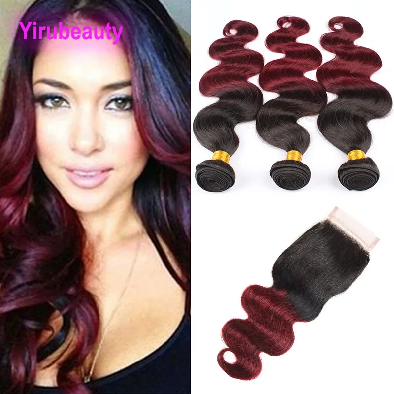 Cabelo virgem indiano dois tons 1B/99J onda corporal 4 peças/lote pacotes com fechamento de renda 4X4 meio três partes livres