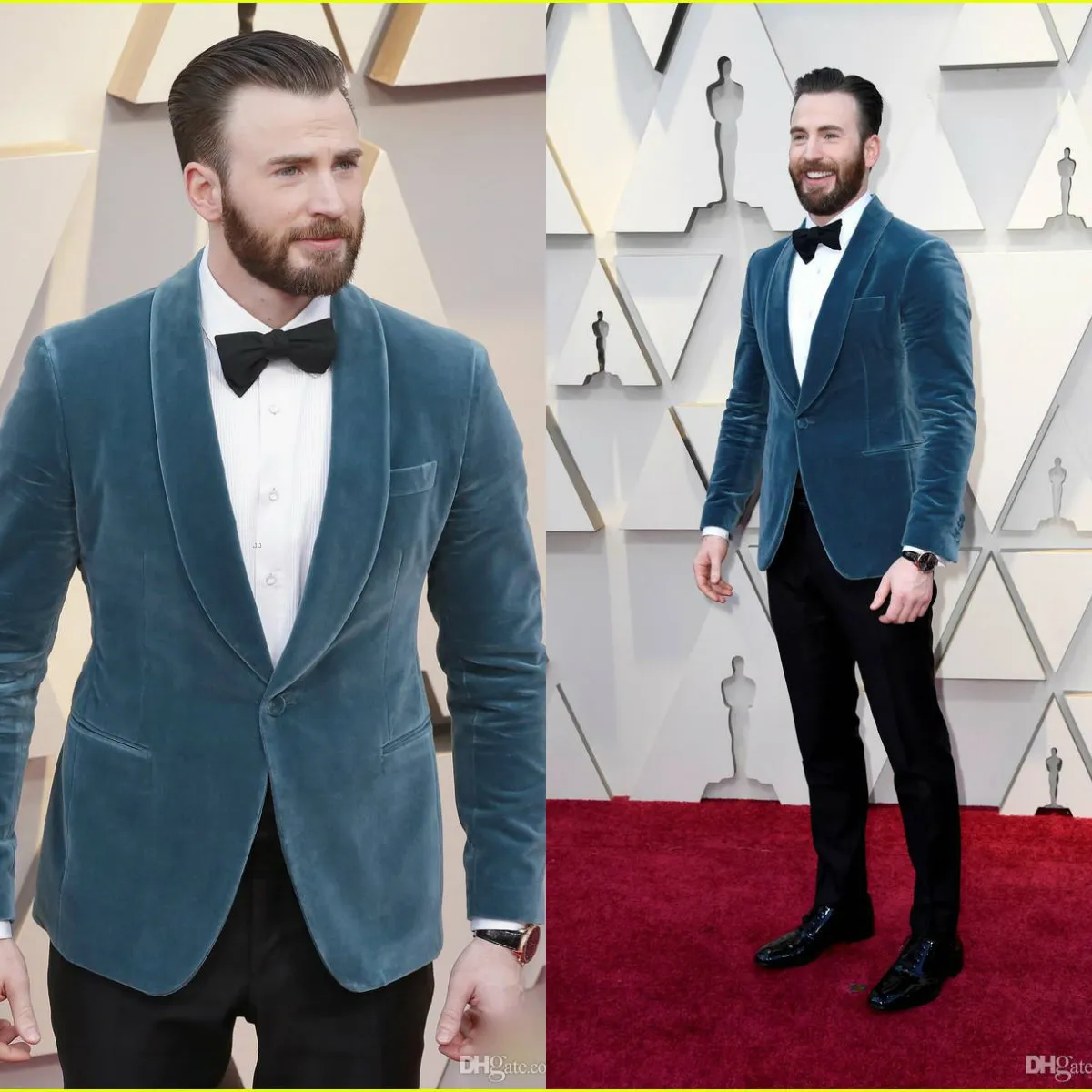 2020 Oscar Últimas Brasão Pant Designs Velvet Dusty Azul Prom Homens ternos do noivo Jacket Costume Tuxedo casamento Tapete Vermelho de (jaqueta + calça + Bowtie)