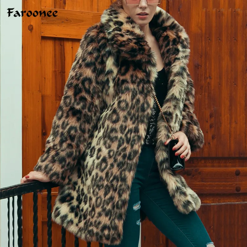2019 Mulheres Longa Leopardo Faux Pele Casacos de Inverno Quente Peludo Peludo Trench Bolso Casaco De Bolso Elegante Luxo Feminino Fêmea Solto Casaco De Jaqueta Overcoat