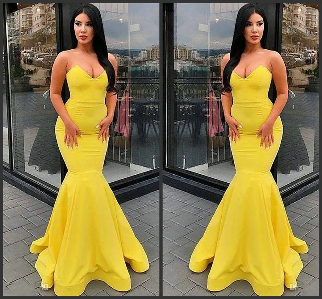 New Yellow Simple Mermaid Prom Dresses Strapless Sweetheart Backless Sweep Train Sexy Long Evening Dress Arab Ladies Formal Wear