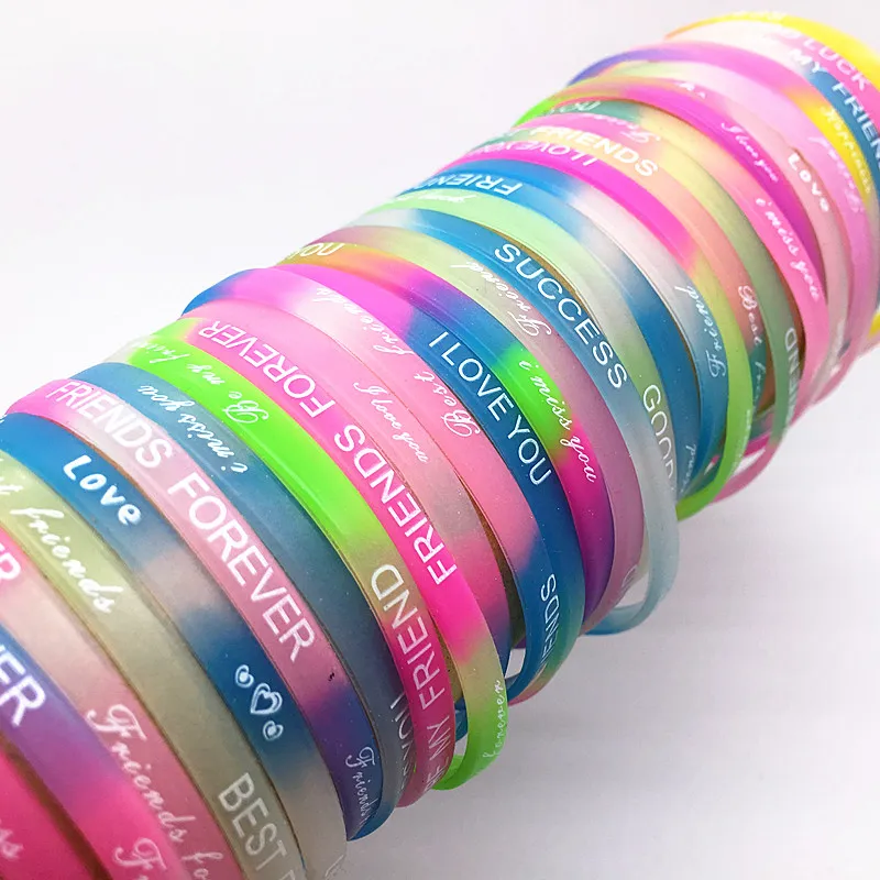 whole 100pcs pack mix lot Luminous glow in the dark Silicone Wristbands Bangle Brand new drop Mens Womens Party Gifts278L
