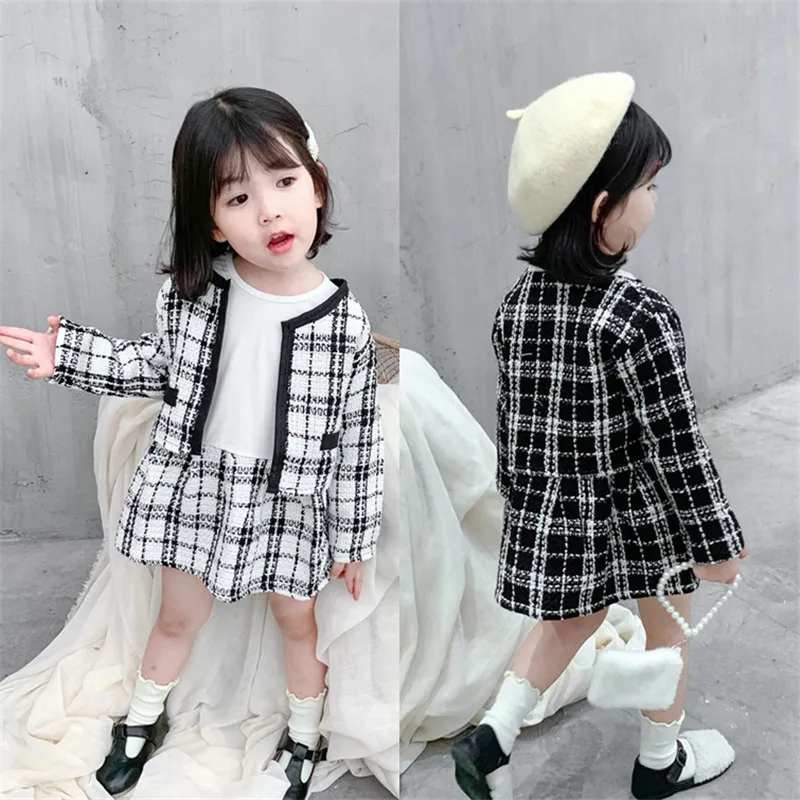2019 아기 소녀 패션 격자 무늬 의류 세트 재킷 + 드레스, 여자 아이 우아한 봄 가을 의류 양복 어린이 복장