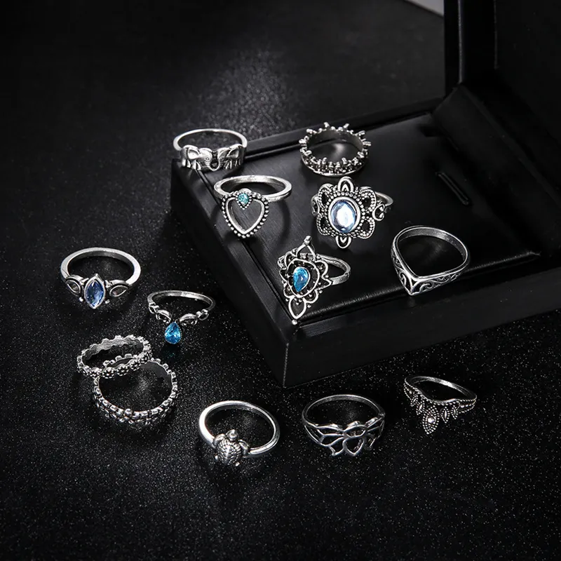 Krone Elefant Schildkröte Herz Stapelringe Antikes Silber Knuckle Ring Set Charm Damen Midi Ring Will und Sandy Modeschmuck