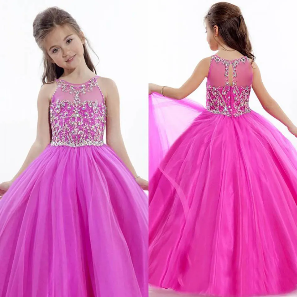 Abiti da spettacolo per bambine fucsia Nuovi cristalli Perline Abito da ballo Abito da ballo per bambini Abiti da festa Abito da ragazza di fiori Taglia personalizzata