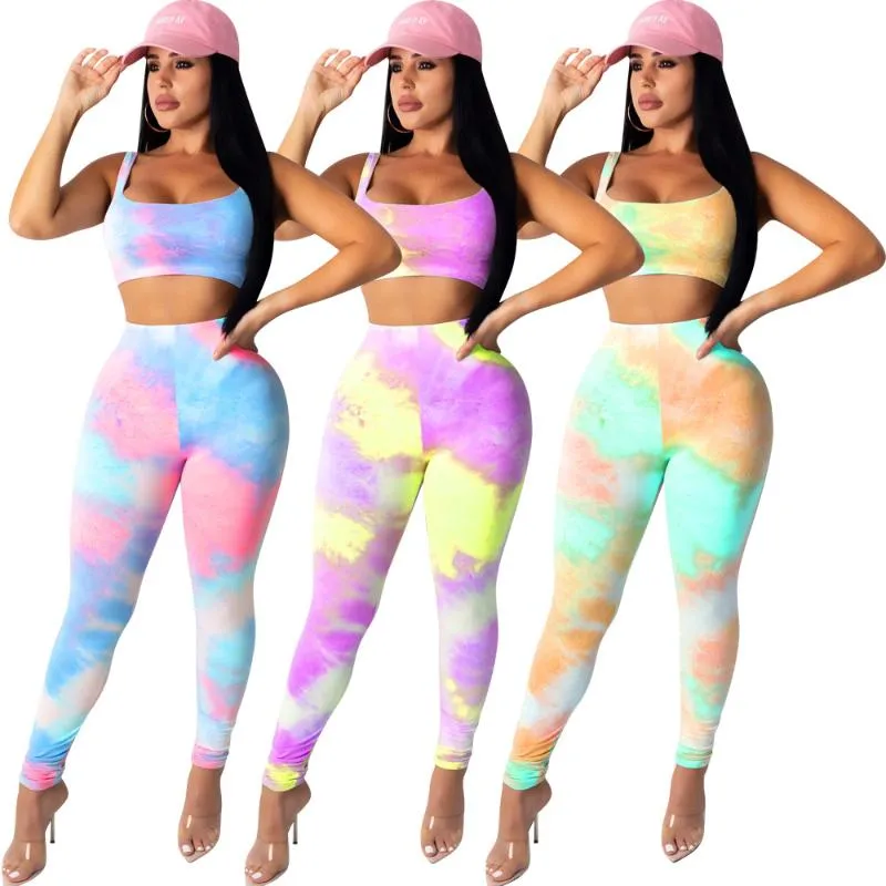 ADFVAT Regenbogen Tie Dye Gedruckt Zwei Stück Set Frauen Sexy Spaghetti Strap Crop Top Gestapelt Legging Hose Casual Outfit OF3167