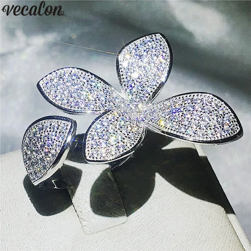 Vecalon Hanamde Flower Party Pierścionek Pave Otoczenie 5a Cyrkon CZ 925 Sterling Silver Engagement Wedding Band Pierścienie dla Kobiet Biżuteria