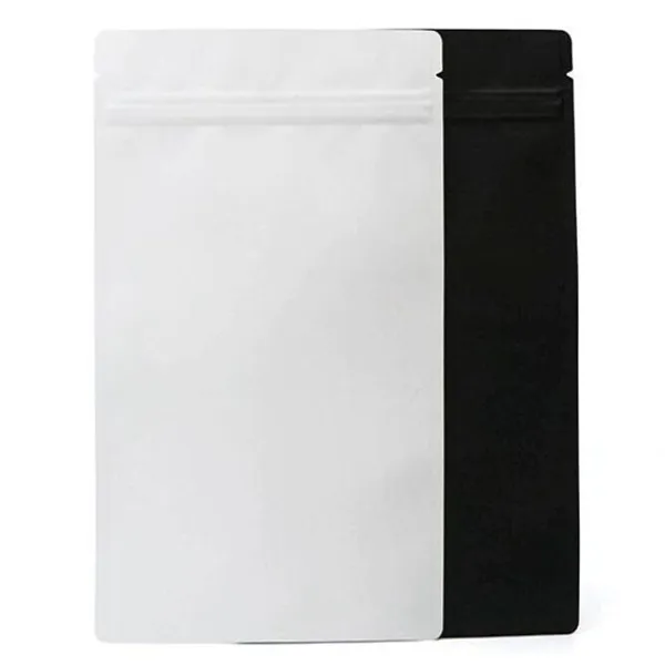 Sac auto-scellant en papier d'aluminium blanc mat/noir, sac noir en Mylar métallique à fond plat, sac d'emballage alimentaire