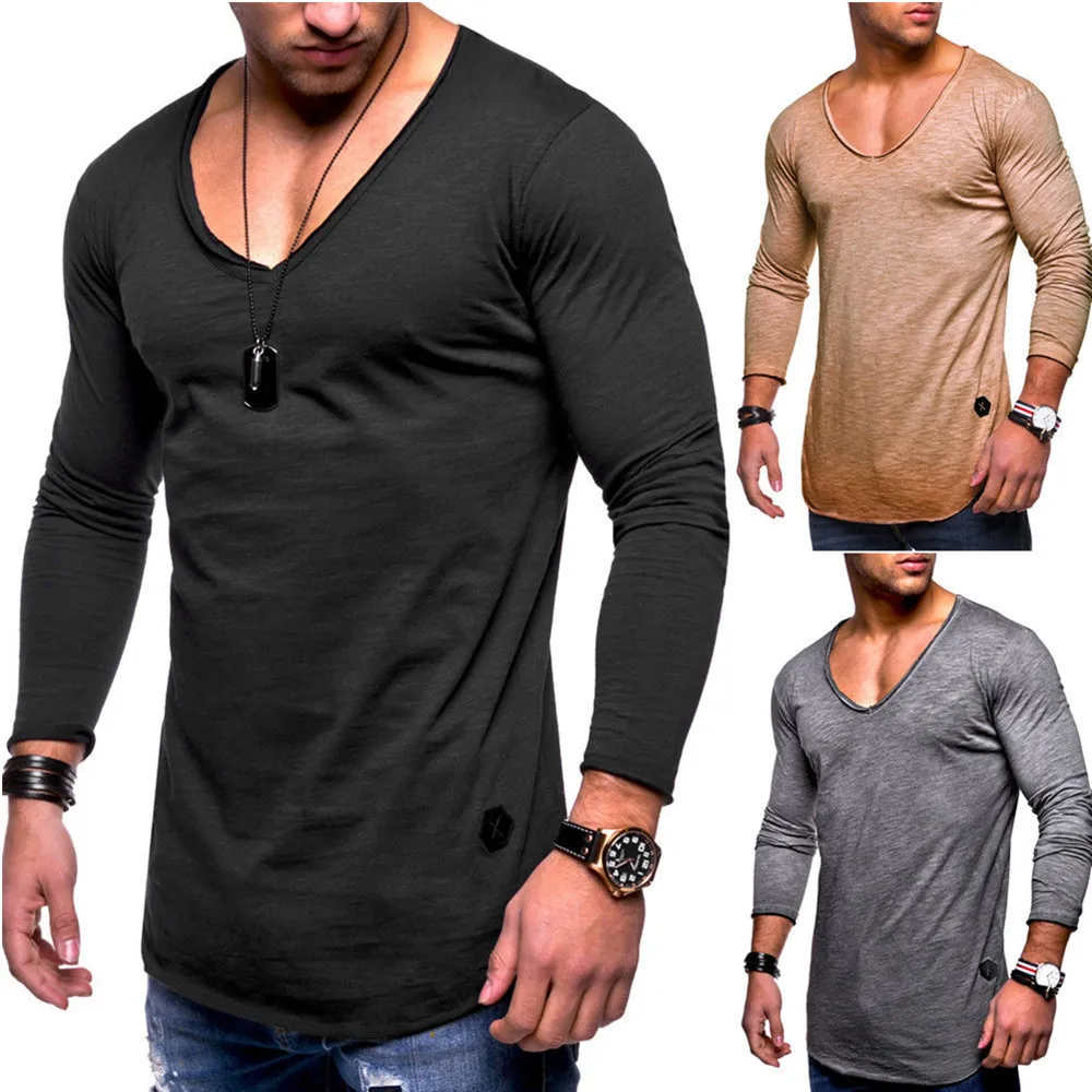 2019 herfst en winter nieuwe mode mannen lange mouwen t-shirt v-hals casual heren effen kleur katoenen t-shirt shirt