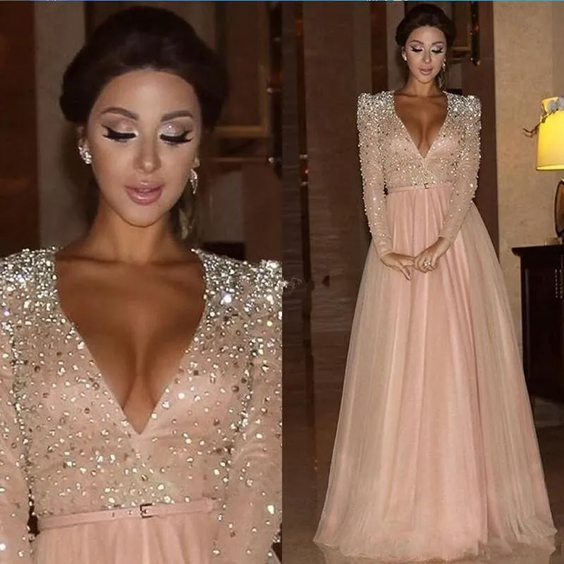 Sexy V Cou Robes De Soirée À Manches Longues Perles Cristal Paillettes Femmes Robes De Soirée Robes De Cocktail Longueur De Plancher 2019 Vente Chaude Robes De Bal