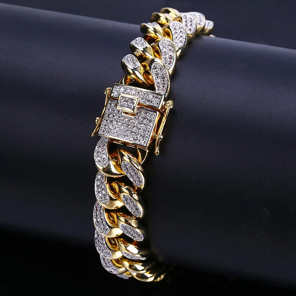 10-18mm Iced Out CZ Zircone Miami Bracciale a catena a maglia cubana Rapper Nuovo placcato oro 18k Uomo Hip Hop Punk Rock Curb Bling Catene di pietre preziose Gioielli Regali per acquisti Bijoux