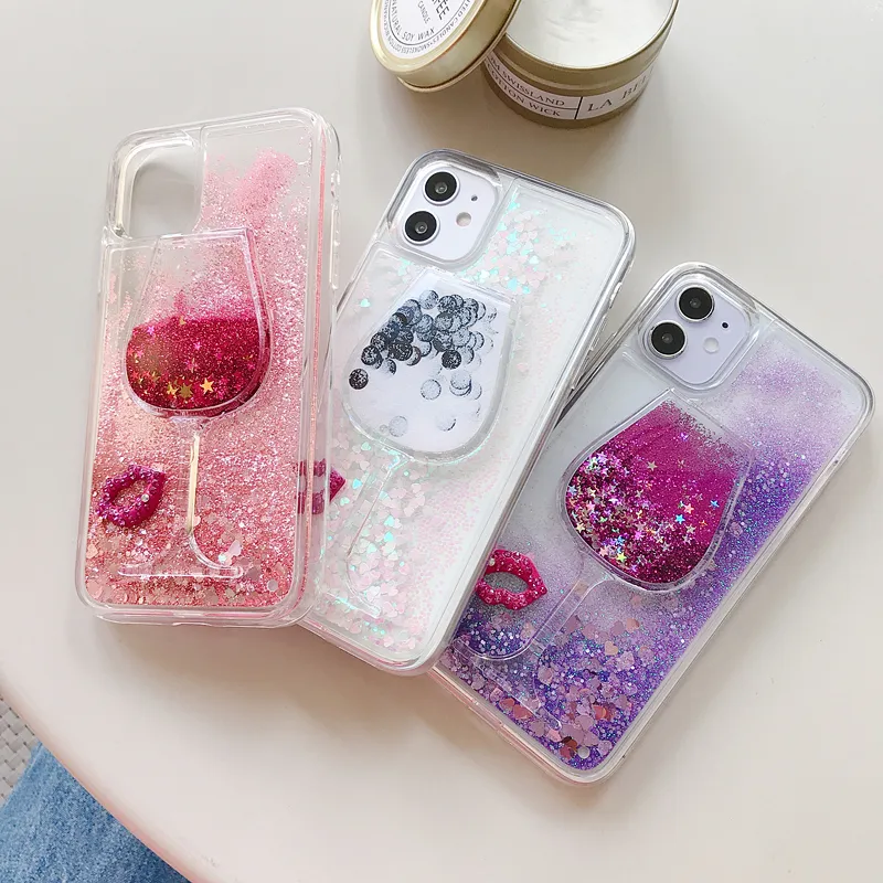 Red Lip Wine Glass Design Glitter Liquid Quicksand Case For iPhone 11 Pro Max 11 XS Max XR X 8 7 6 Plus