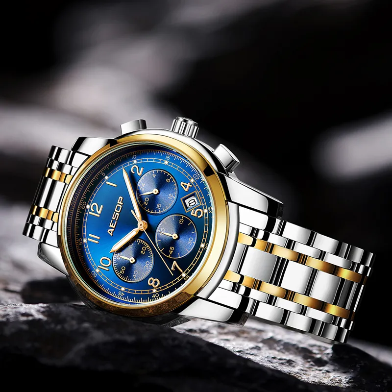 Aesop Fashion Mens Watches Top Brand Luxury Sapphire Men's Quartz Wrist Watches rostfritt stål Male Clock Men Relogio Mascul211a