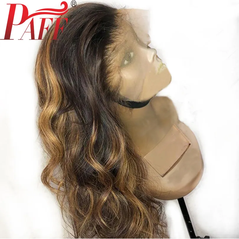 PAFF 13x4 Evidenziare Parrucca di Capelli Umani Con I Capelli Del Bambino Pre Pizzicate Onda Naturale Parrucche Anteriori Del Merletto di Remy Brasiliano Glueless colore pianoforte misto