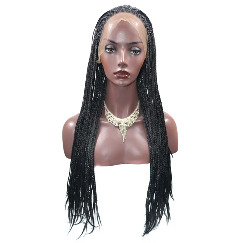 Natural Black Braided Lace Front Peruki Długie Warkocze Peruki 18-24 calowe Glueless Syntetyczne Koronki Frontowe Peruki Dla Czarnych Kobiet Włókna Włókna