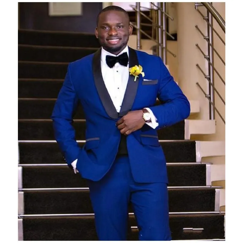 Dark Blue Wedding Tuxedos 2019 Black Shawl Lapel Men's Business Suit Groomsmen Suits Two Piece ( Jacket + Pants + Bow)