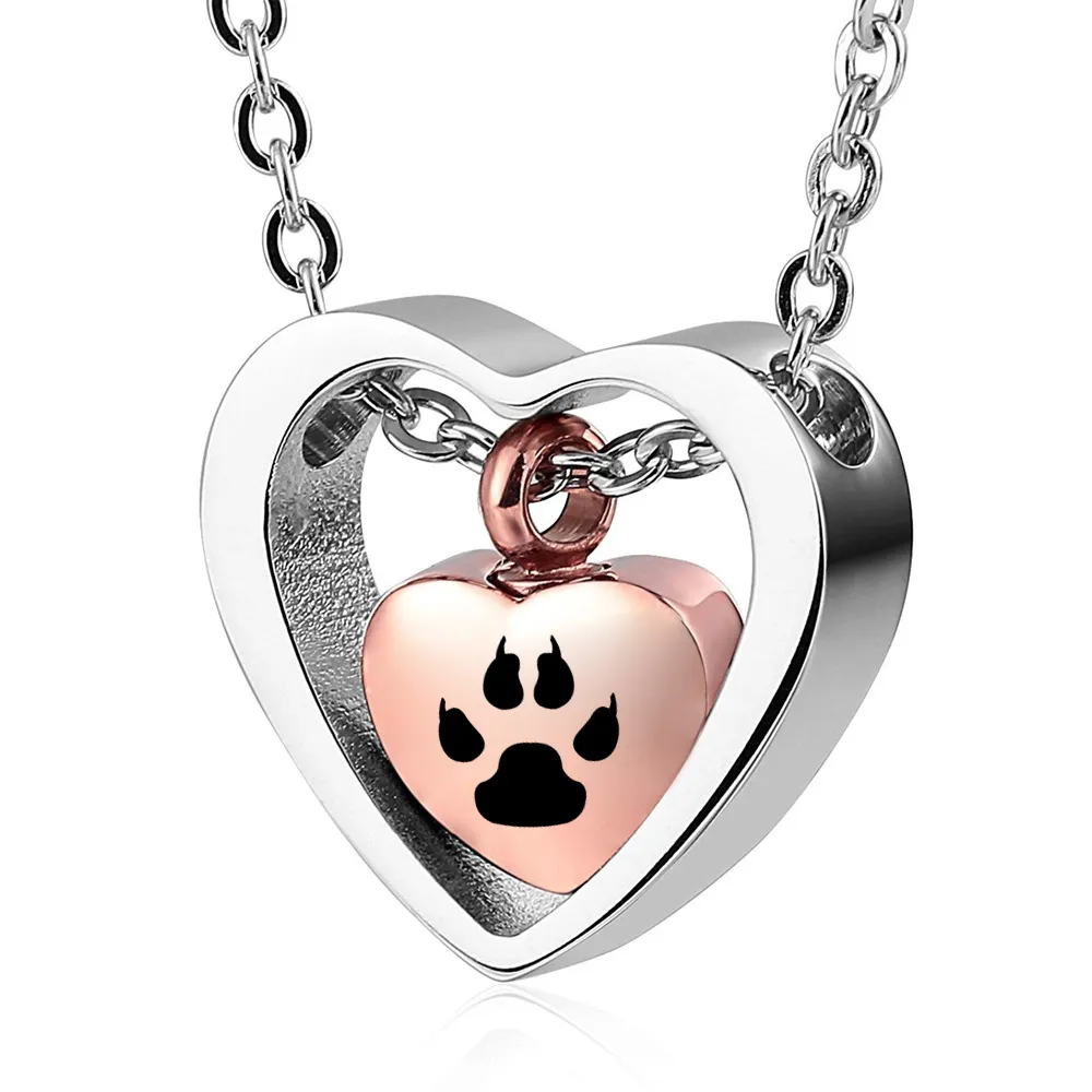 Rose Gold Paw Print Cremation Necklace Stainless Steel Pet