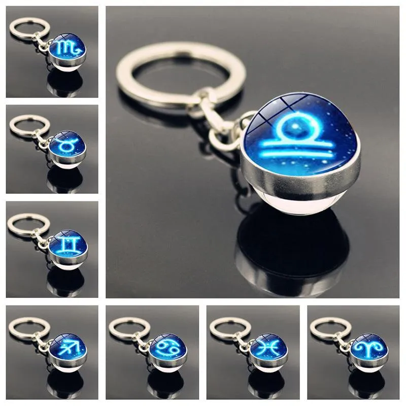 Twelve Constellations Symbol Sign Keychain Time Stone Double-sided Glass Ball Metal Charm Keychain Keyring Creative Men Women Jewelry Gifts