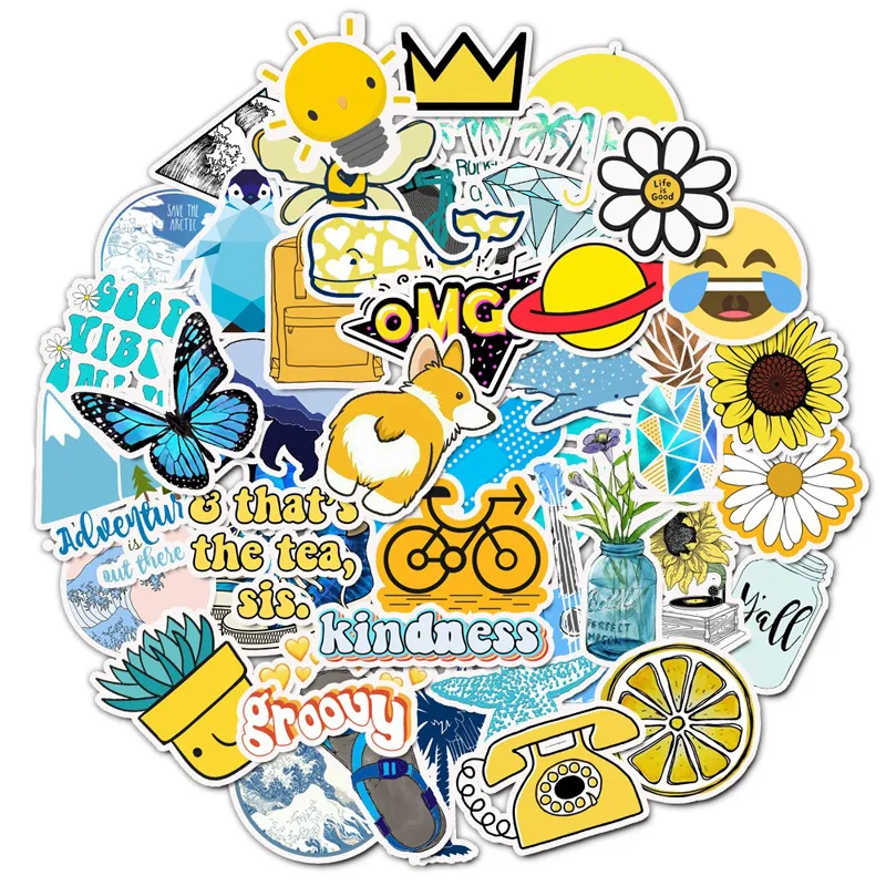 100pcs/Set Outdoors Sun Yellow Blue Aesthetic Sticker Pack Vinyl Waterproof Trendy Water Bottle Laptop Stickers Decal Graffiti Patches