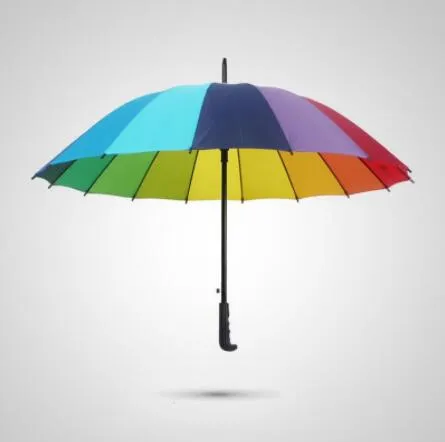 Gökkuşağı Şemsiye Uzun 16K Düz Windproof Renkli ipek kumaş Şemsiye Kadınlar Erkekler Güneşli Yağmurlu Umbrella Kulp