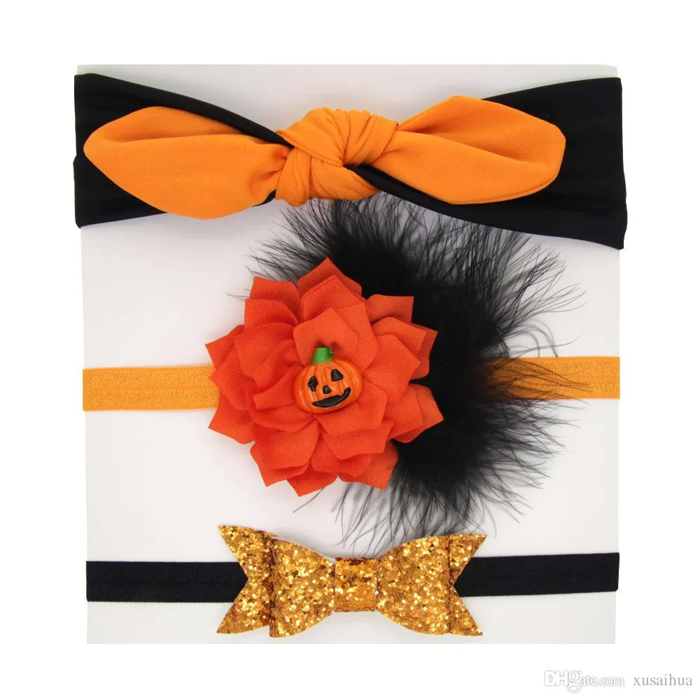 6 estilos Beautifu Cores Halloween Dressindo Cabelos Elásticos Hairbands Knot Rabbit Ears Head Flores 3pcs Ternos Headbands